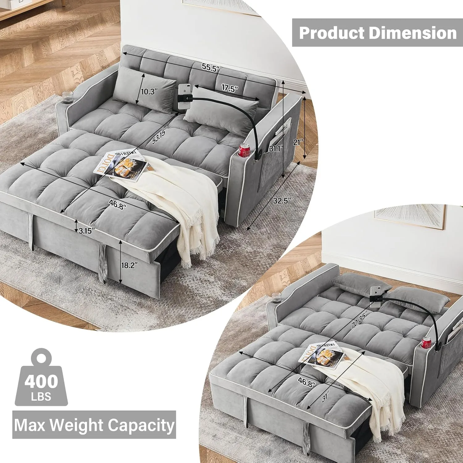 WIIS' IDEA Convertible Sofa Bed,3 in 1 Velvet Sleeper Sofa Pull-Out Bed,55'' Loveseat Sleeper Sofa Bed with Adjustable Backrest with 2 Pillows and Storage Bag & USB Port and Swivel Phone Stand,Gray