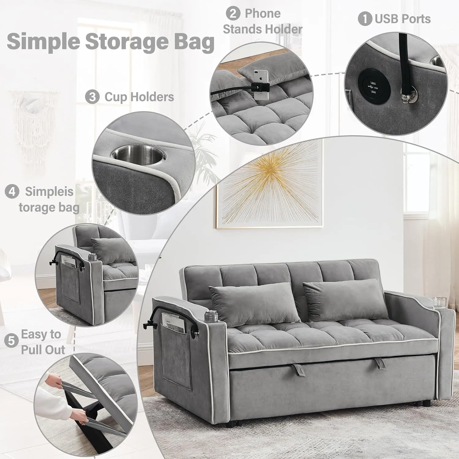 WIIS' IDEA Convertible Sofa Bed,3 in 1 Velvet Sleeper Sofa Pull-Out Bed,55'' Loveseat Sleeper Sofa Bed with Adjustable Backrest with 2 Pillows and Storage Bag & USB Port and Swivel Phone Stand,Gray