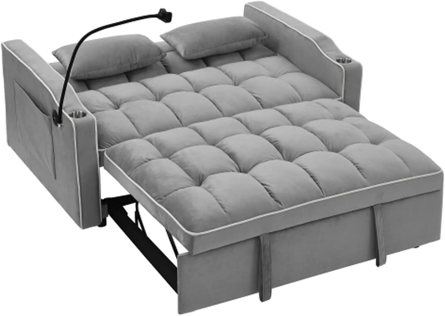 WIIS' IDEA Convertible Sofa Bed,3 in 1 Velvet Sleeper Sofa Pull-Out Bed,55'' Loveseat Sleeper Sofa Bed with Adjustable Backrest with 2 Pillows and Storage Bag & USB Port and Swivel Phone Stand,Gray