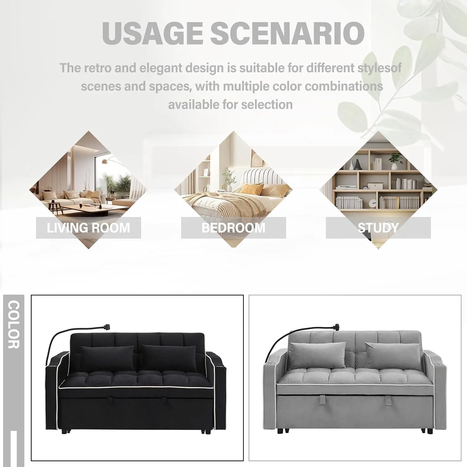 WIIS' IDEA Convertible Sofa Bed,3 in 1 Velvet Sleeper Sofa Pull-Out Bed,55'' Loveseat Sleeper Sofa Bed with Adjustable Backrest with 2 Pillows and Storage Bag & USB Port and Swivel Phone Stand,Gray