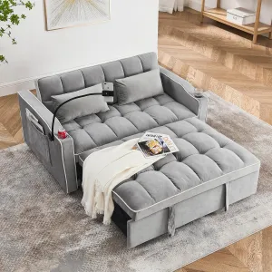 WIIS' IDEA Convertible Sofa Bed,3 in 1 Velvet Sleeper Sofa Pull-Out Bed,55'' Loveseat Sleeper Sofa Bed with Adjustable Backrest with 2 Pillows and Storage Bag & USB Port and Swivel Phone Stand,Gray