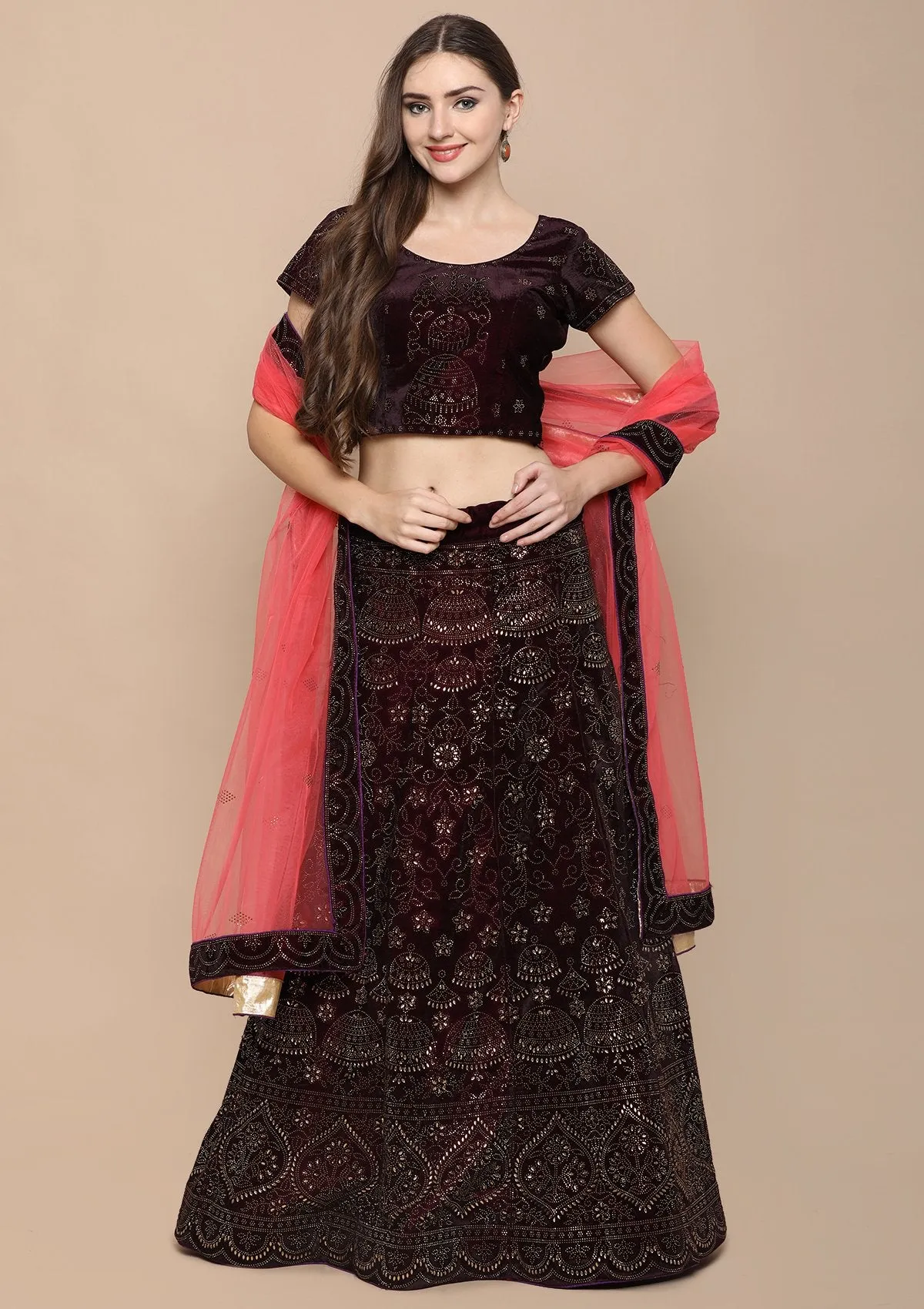 Wine Red Stone Work Velvet Semi Stitched Lehenga