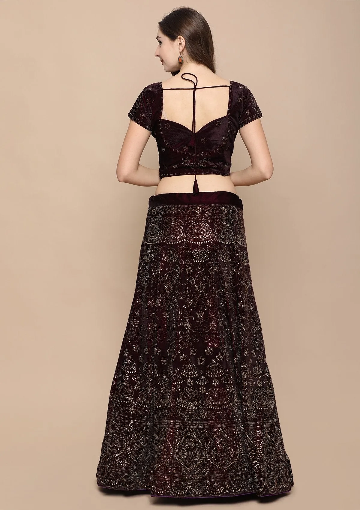 Wine Red Stone Work Velvet Semi Stitched Lehenga