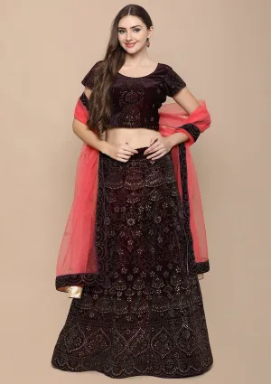 Wine Red Stone Work Velvet Semi Stitched Lehenga