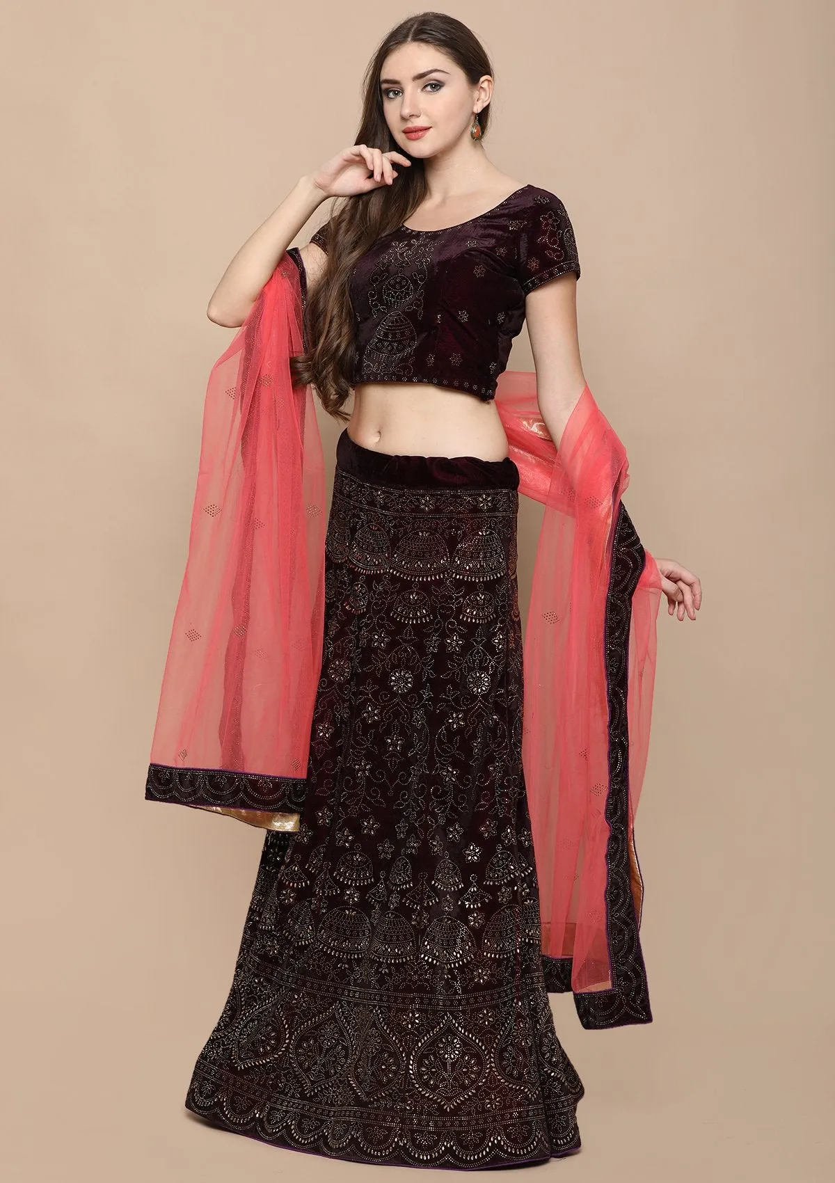 Wine Red Stone Work Velvet Semi Stitched Lehenga