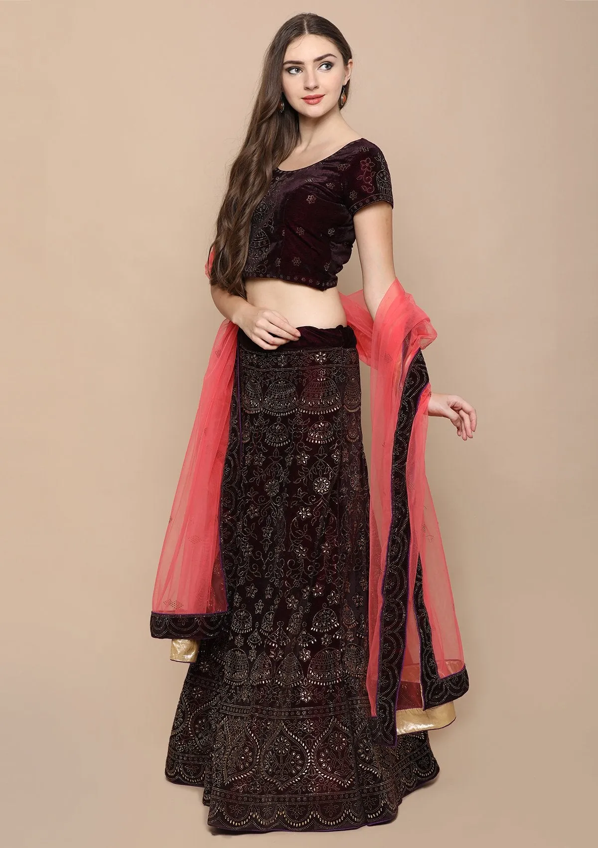 Wine Red Stone Work Velvet Semi Stitched Lehenga