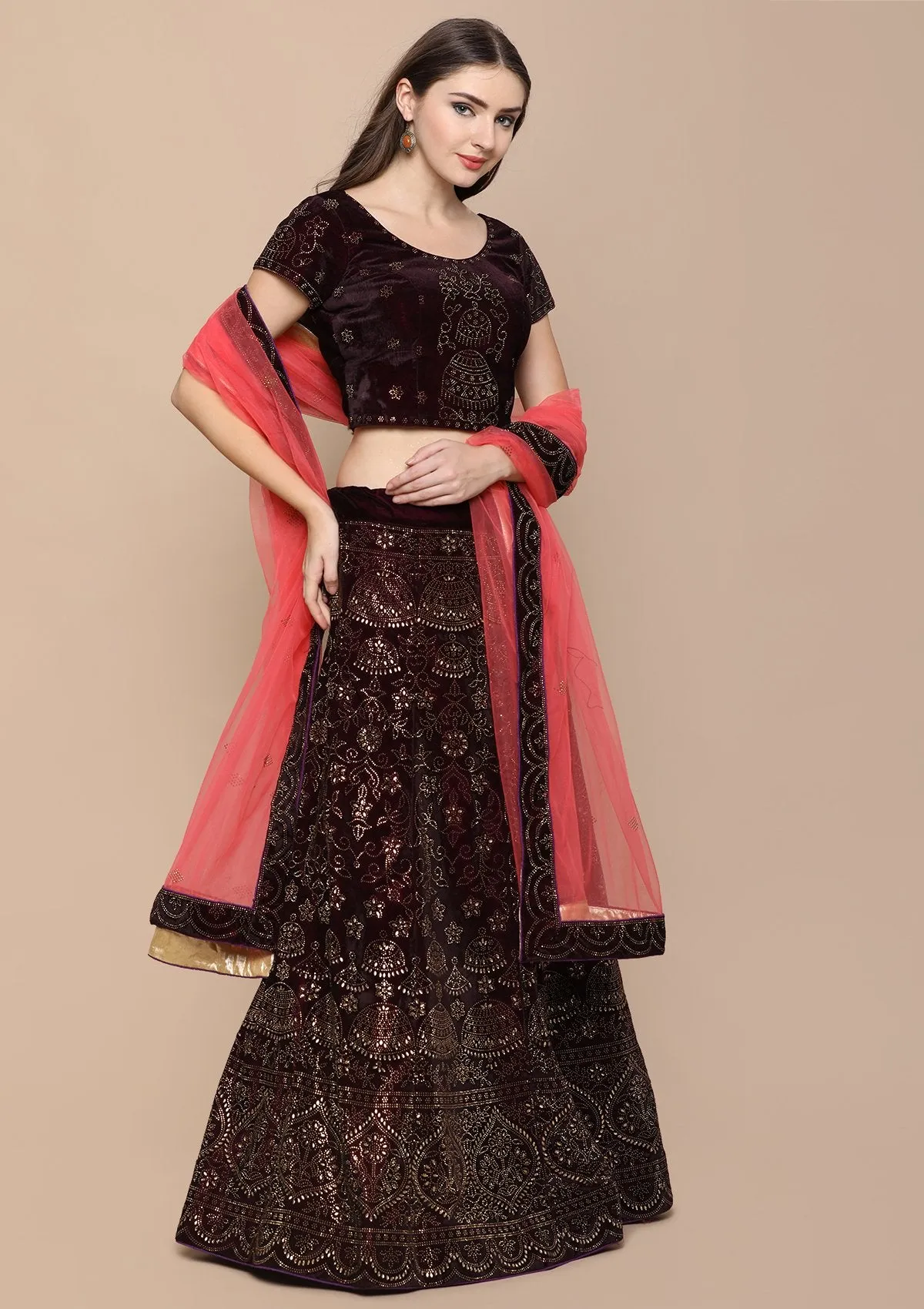 Wine Red Stone Work Velvet Semi Stitched Lehenga