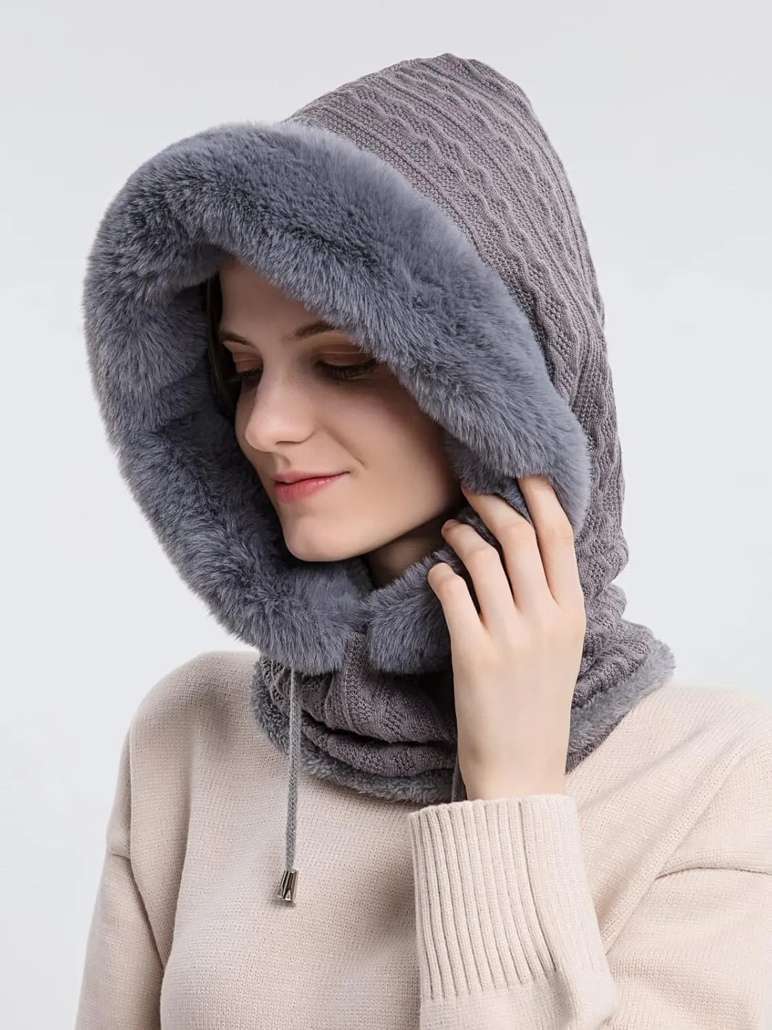 Winter Hats for Women One Piece Slouchy Beanie Scarf Mask Warm Faux Fur Hooded Balaclava Pullover Knitted Cap