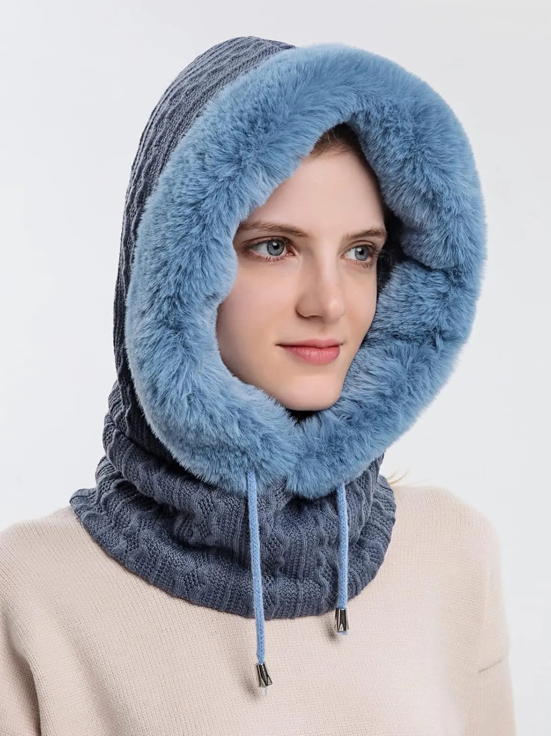 Winter Hats for Women One Piece Slouchy Beanie Scarf Mask Warm Faux Fur Hooded Balaclava Pullover Knitted Cap