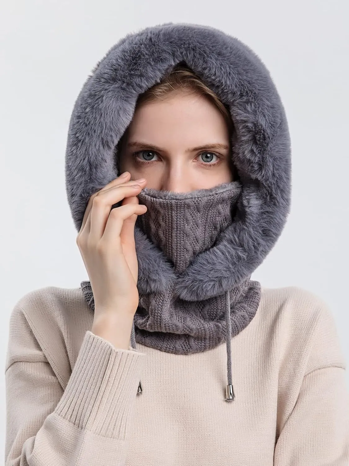 Winter Hats for Women One Piece Slouchy Beanie Scarf Mask Warm Faux Fur Hooded Balaclava Pullover Knitted Cap
