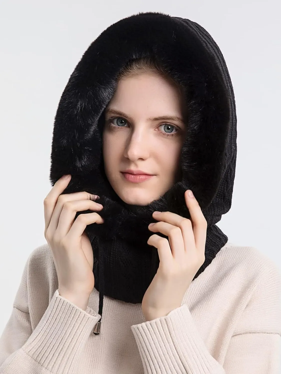 Winter Hats for Women One Piece Slouchy Beanie Scarf Mask Warm Faux Fur Hooded Balaclava Pullover Knitted Cap