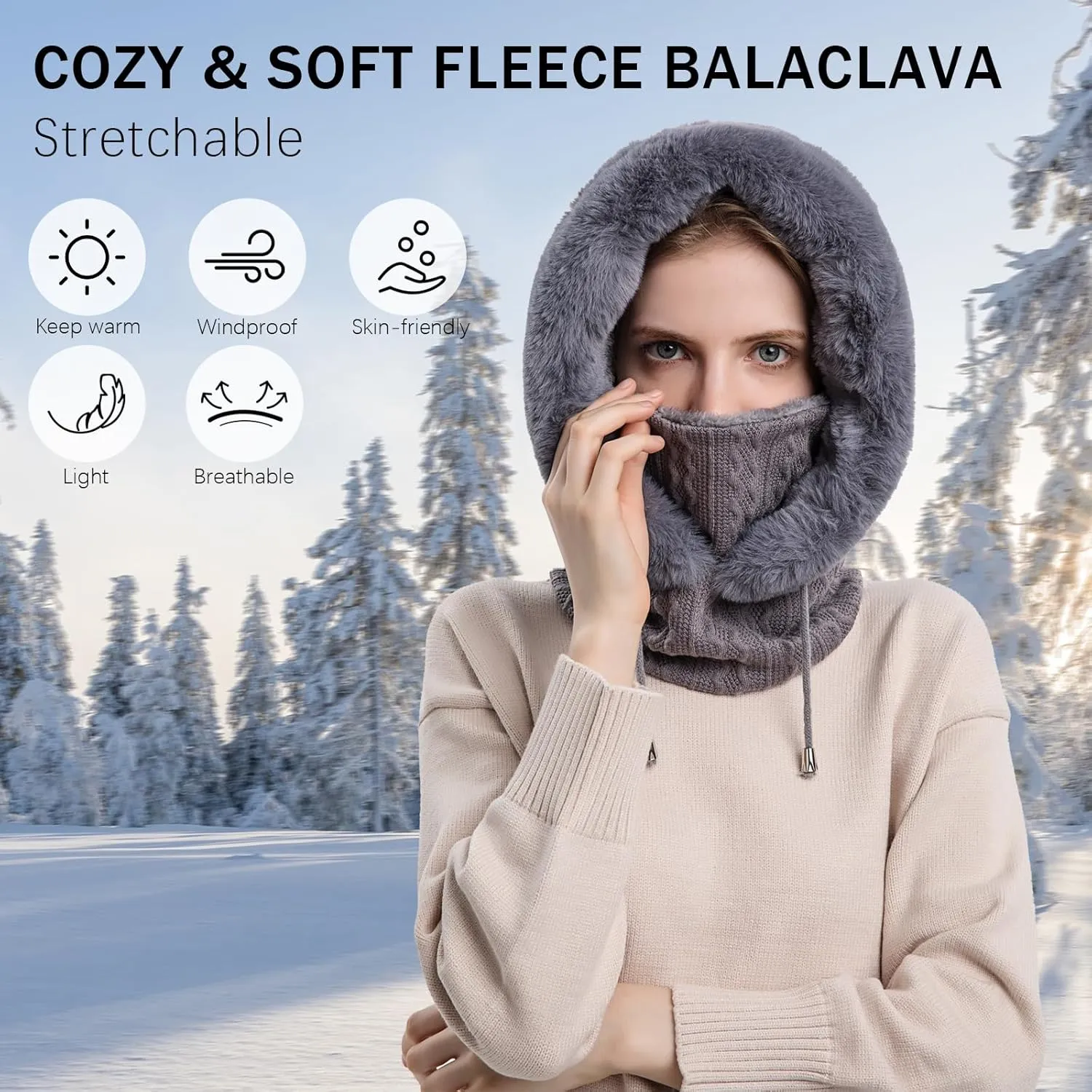 Winter Hats for Women One Piece Slouchy Beanie Scarf Mask Warm Faux Fur Hooded Balaclava Pullover Knitted Cap