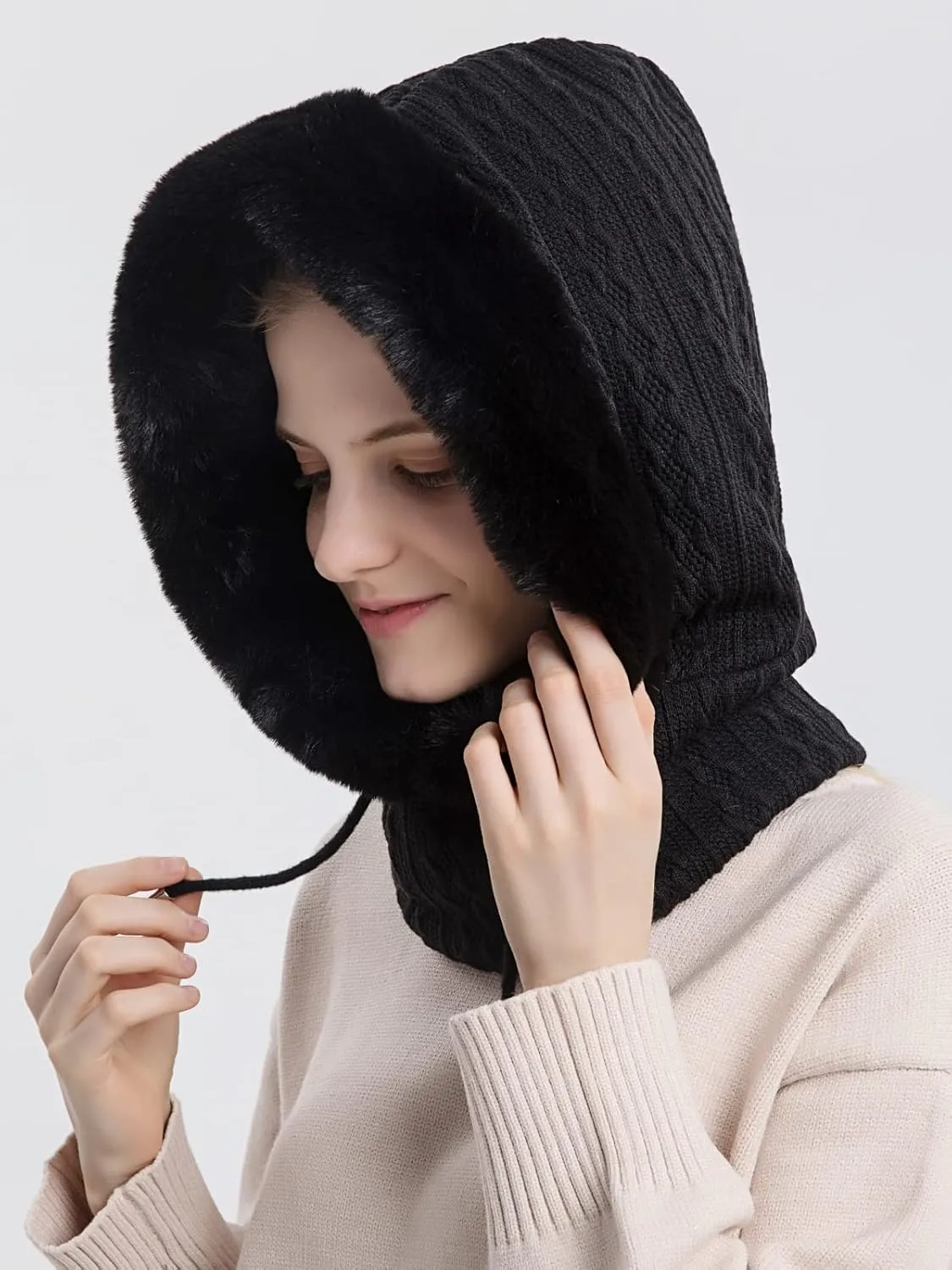 Winter Hats for Women One Piece Slouchy Beanie Scarf Mask Warm Faux Fur Hooded Balaclava Pullover Knitted Cap