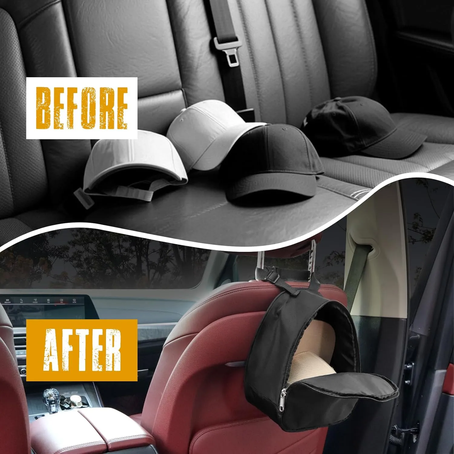 WOMACO Baseball Hat Organizer Bag, Dustproof Car Seat Caps Holder Carrier, Hanging Golf Cap Storage Bag with Zipper for Travel and Home Storage (Black, for 1-3 Caps)