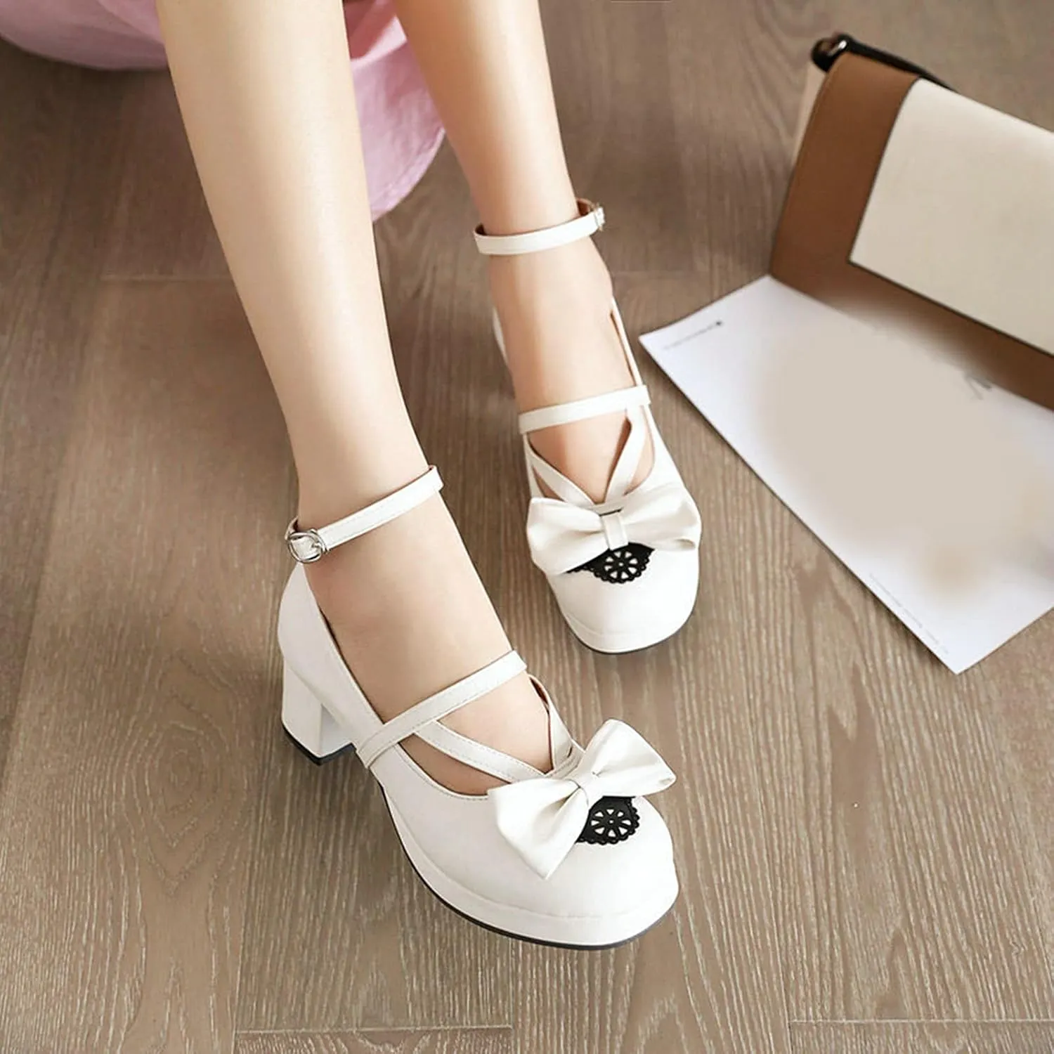 Women Chunky Mid Heel Dress Pumps Platform PU Leather Fashion Ankle Strap Round Toe Lolita Shoes