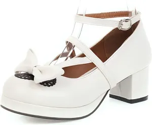 Women Chunky Mid Heel Dress Pumps Platform PU Leather Fashion Ankle Strap Round Toe Lolita Shoes