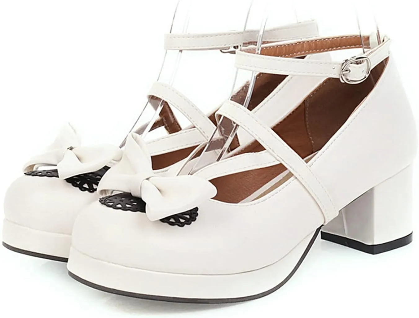 Women Chunky Mid Heel Dress Pumps Platform PU Leather Fashion Ankle Strap Round Toe Lolita Shoes