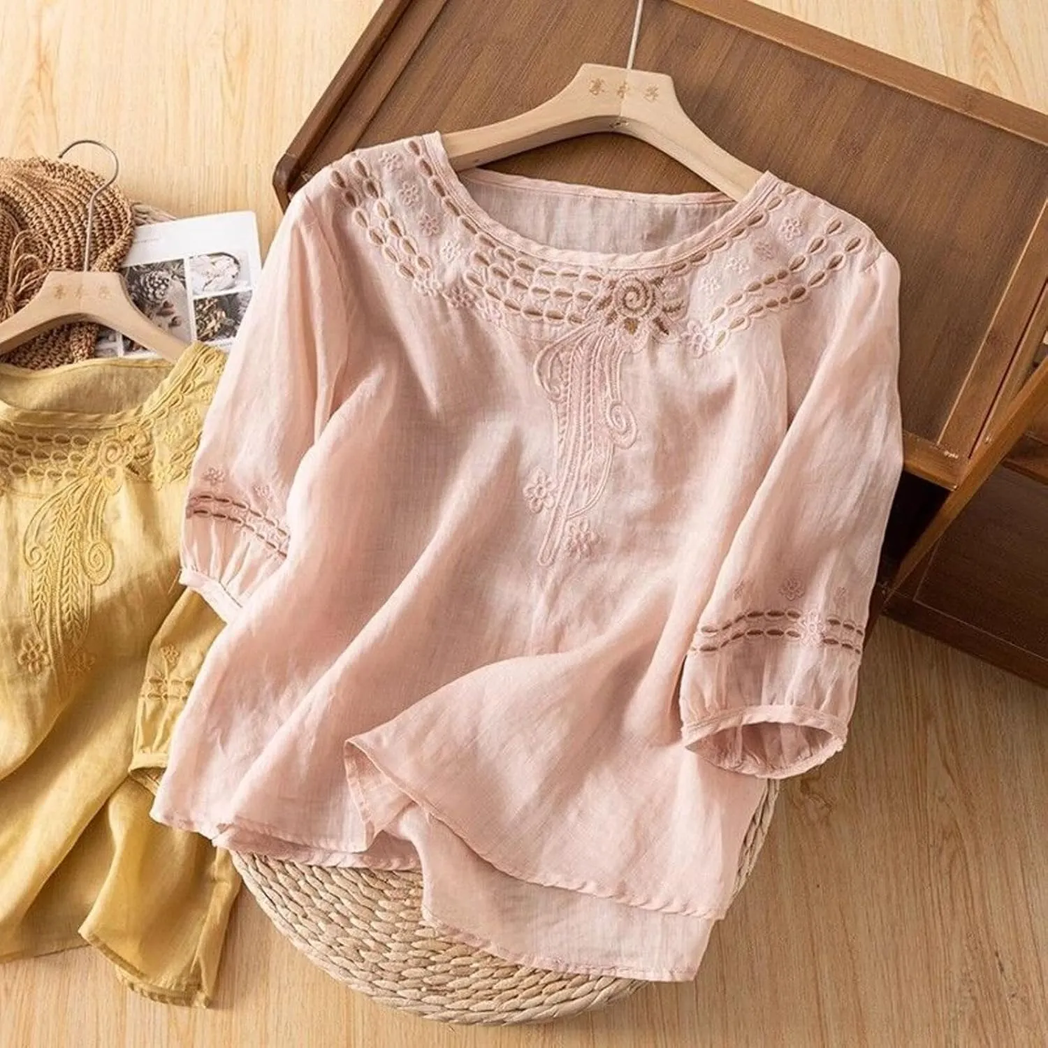 Women Cotton Linen Shirts Crew Neck Short Half Sleeve Floral Embroidered Casual Loose Tunic Tee Shirts Tops Blouse