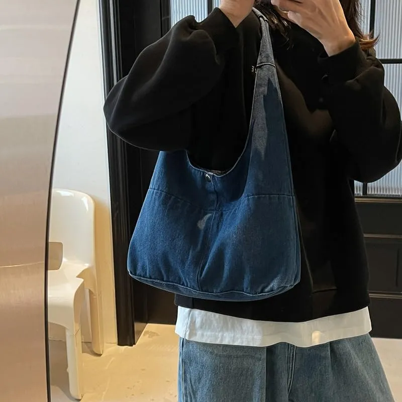 Women Denim Crossbody Tote Spacious Shoulder Bag with Wide Strap, Minimalist Canvas Purse for Daily Essentials Work Commute