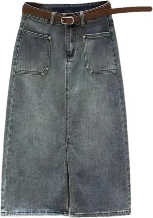 Women Denim Skirts Summer High Waist Slit Hip Casual A-Line Midi Jean Skirt