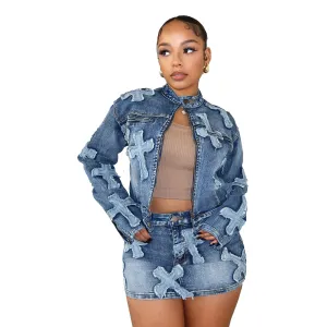 Women Embroidered Denim Jacket and Mini Skirt Set
