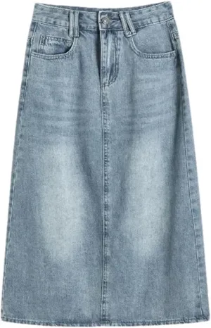 Women High Waist Denim Slim Fit Casual Split Skirt Summer A-Line Vintage Wrap Mid-Length Skirt