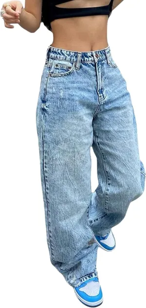 Women High Waisted Pants Wide Leg Denim Jeans Straight Casual Loose Baggy Trousers Vintage Y2K E-Girl Streetwear