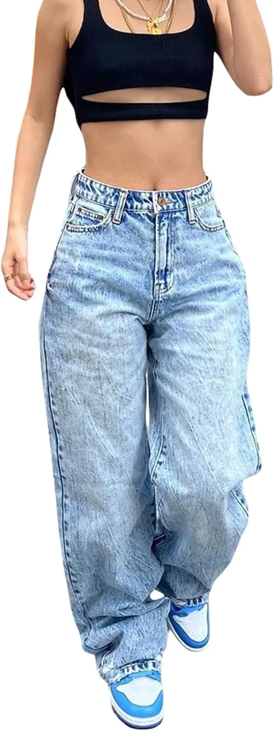 Women High Waisted Pants Wide Leg Denim Jeans Straight Casual Loose Baggy Trousers Vintage Y2K E-Girl Streetwear