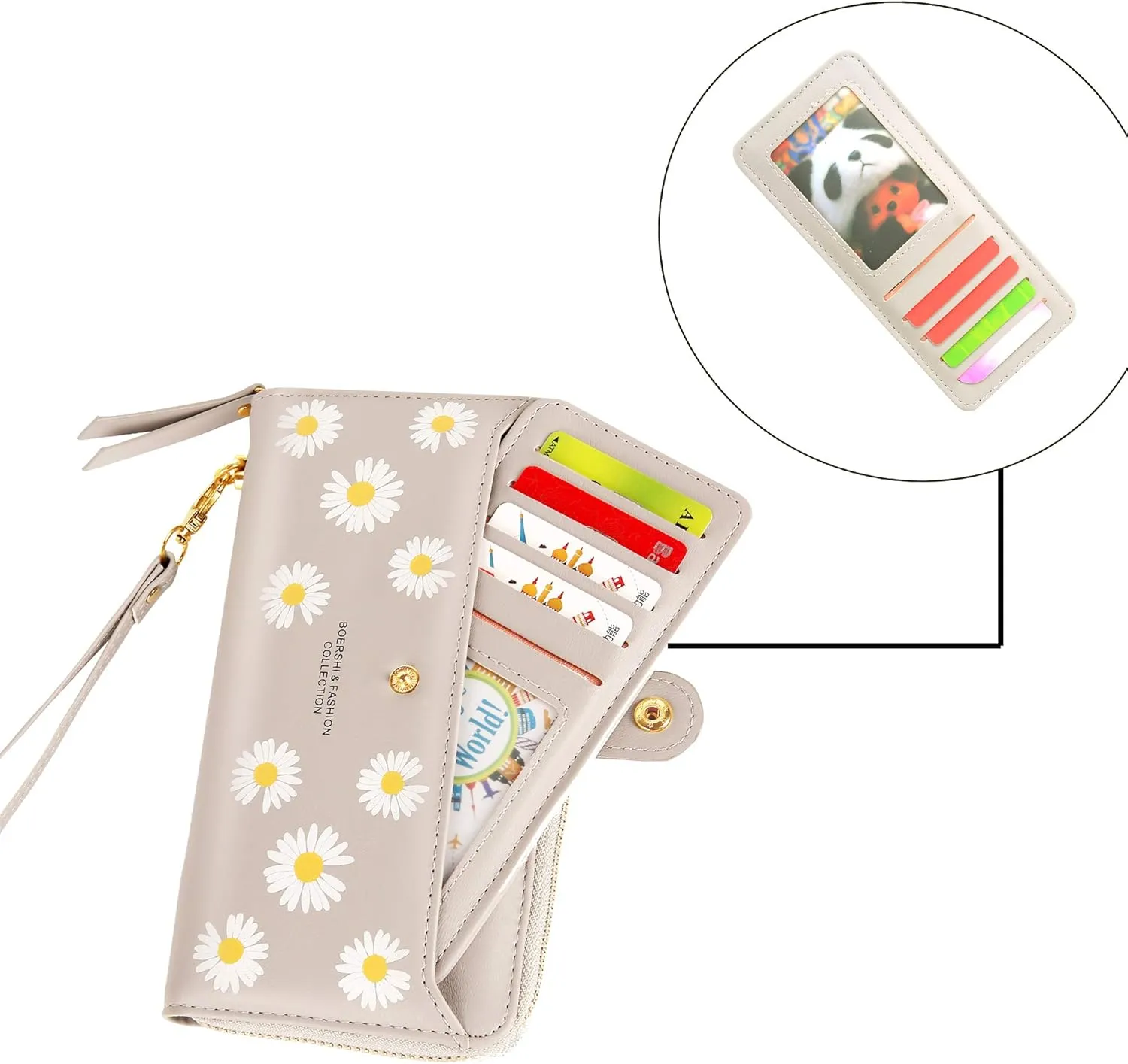 Women Leather Wallet RFID Blocking Zipper Pocket Wallet Card Case Purse with ID Window