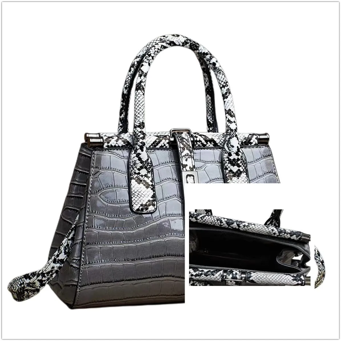 Women Patent Faux Leather Satchel Handbag Crocodile Tote Purse Snakeskin Handle Shoulder Bag,Gift for Wife/Mom