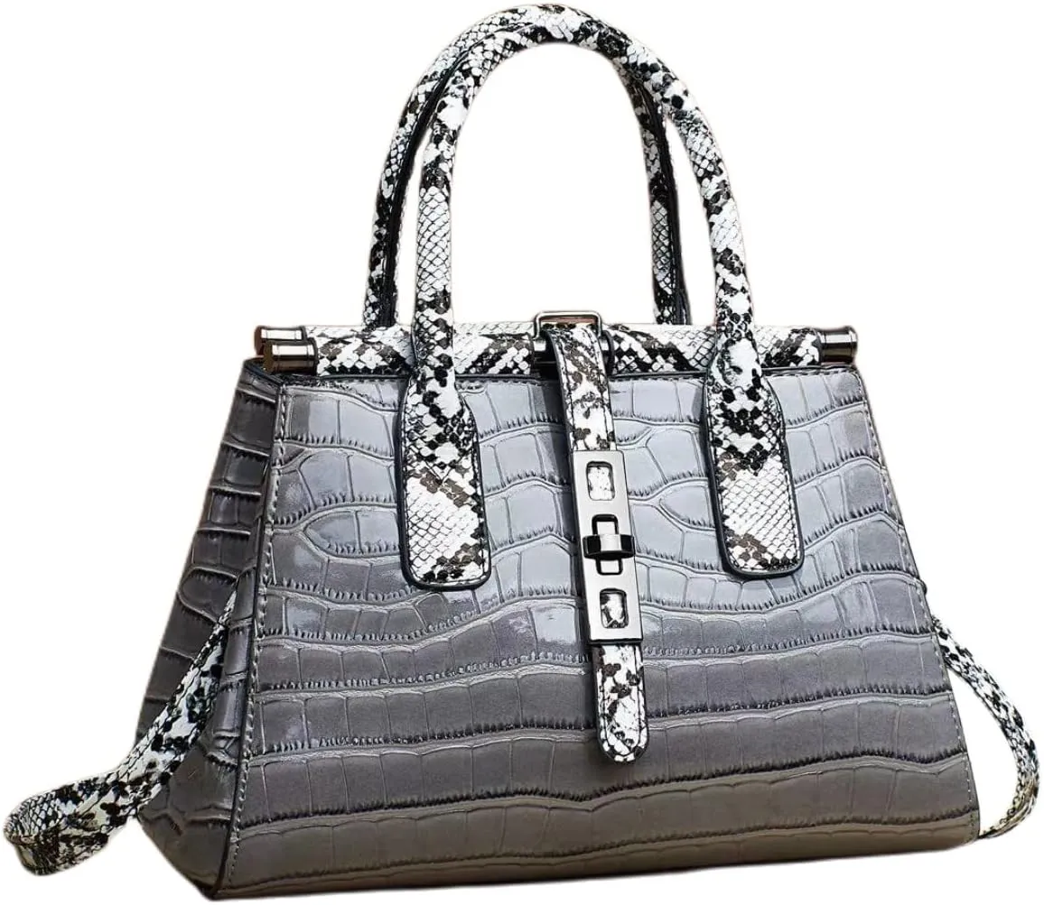 Women Patent Faux Leather Satchel Handbag Crocodile Tote Purse Snakeskin Handle Shoulder Bag,Gift for Wife/Mom