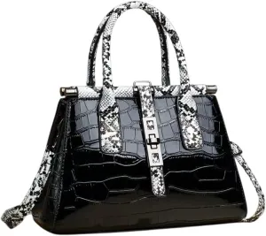 Women Patent Faux Leather Satchel Handbag Crocodile Tote Purse Snakeskin Handle Shoulder Bag,Gift for Wife/Mom