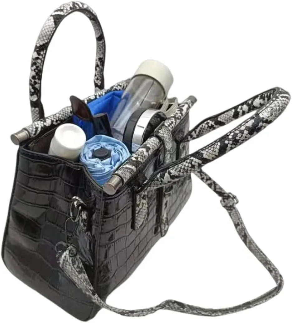 Women Patent Faux Leather Satchel Handbag Crocodile Tote Purse Snakeskin Handle Shoulder Bag,Gift for Wife/Mom
