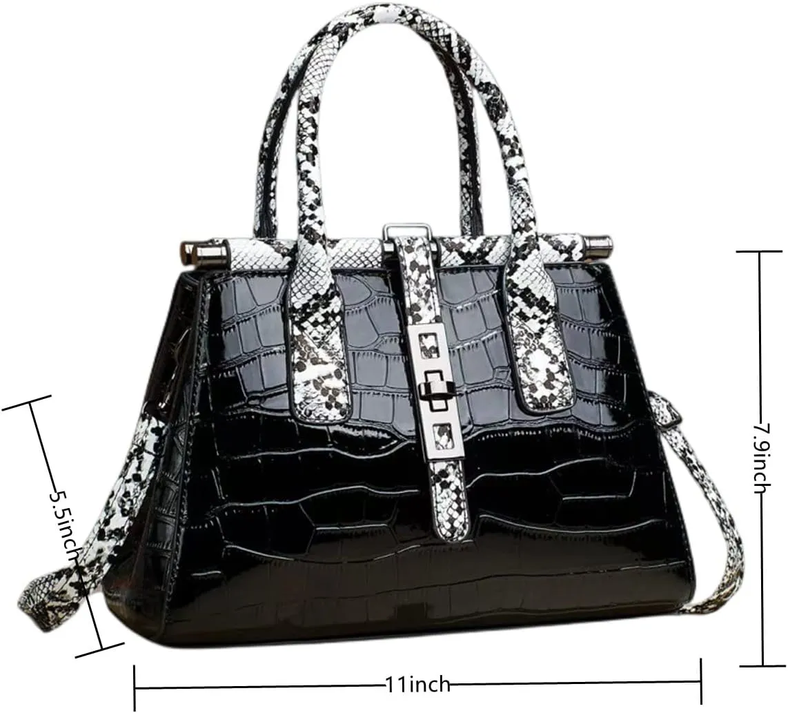 Women Patent Faux Leather Satchel Handbag Crocodile Tote Purse Snakeskin Handle Shoulder Bag,Gift for Wife/Mom