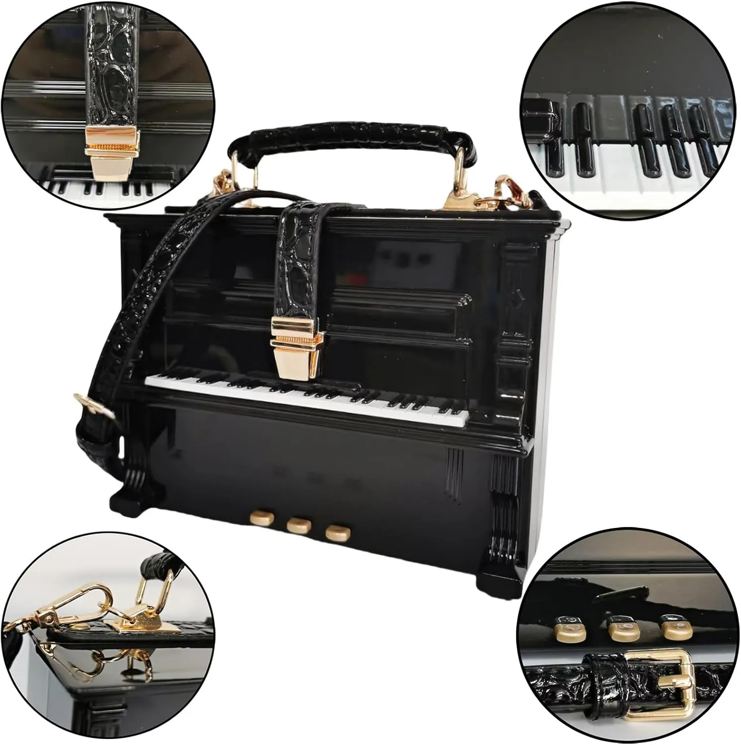 Women Piano Shaped Crossbody Shoulder Bag Handbag Acrylic Unique Novelty Piano Purse