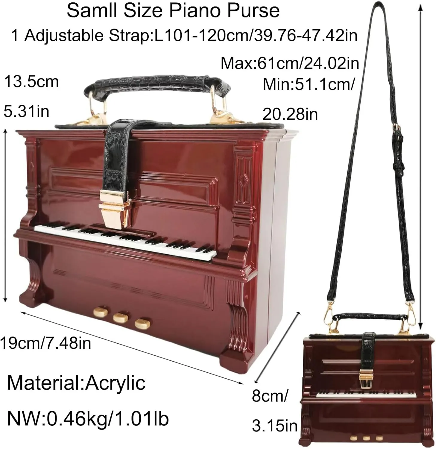 Women Piano Shaped Crossbody Shoulder Bag Handbag Acrylic Unique Novelty Piano Purse