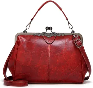 Women Retro Kiss Lock Handbag Purse Oil Wax PU Small Tote Satchels Shoulder Crossbody Bag