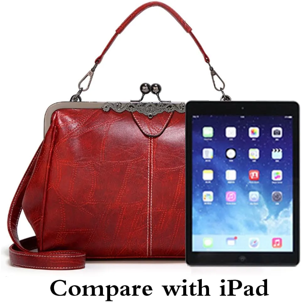 Women Retro Kiss Lock Handbag Purse Oil Wax PU Small Tote Satchels Shoulder Crossbody Bag