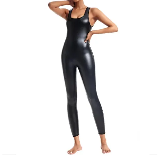 Women Sexy Leather Jumpsuit Sporty Jumpsuit Raises Butt Woman Gym Set Sport Suit Sleeveless Yoga Fitness Overalls