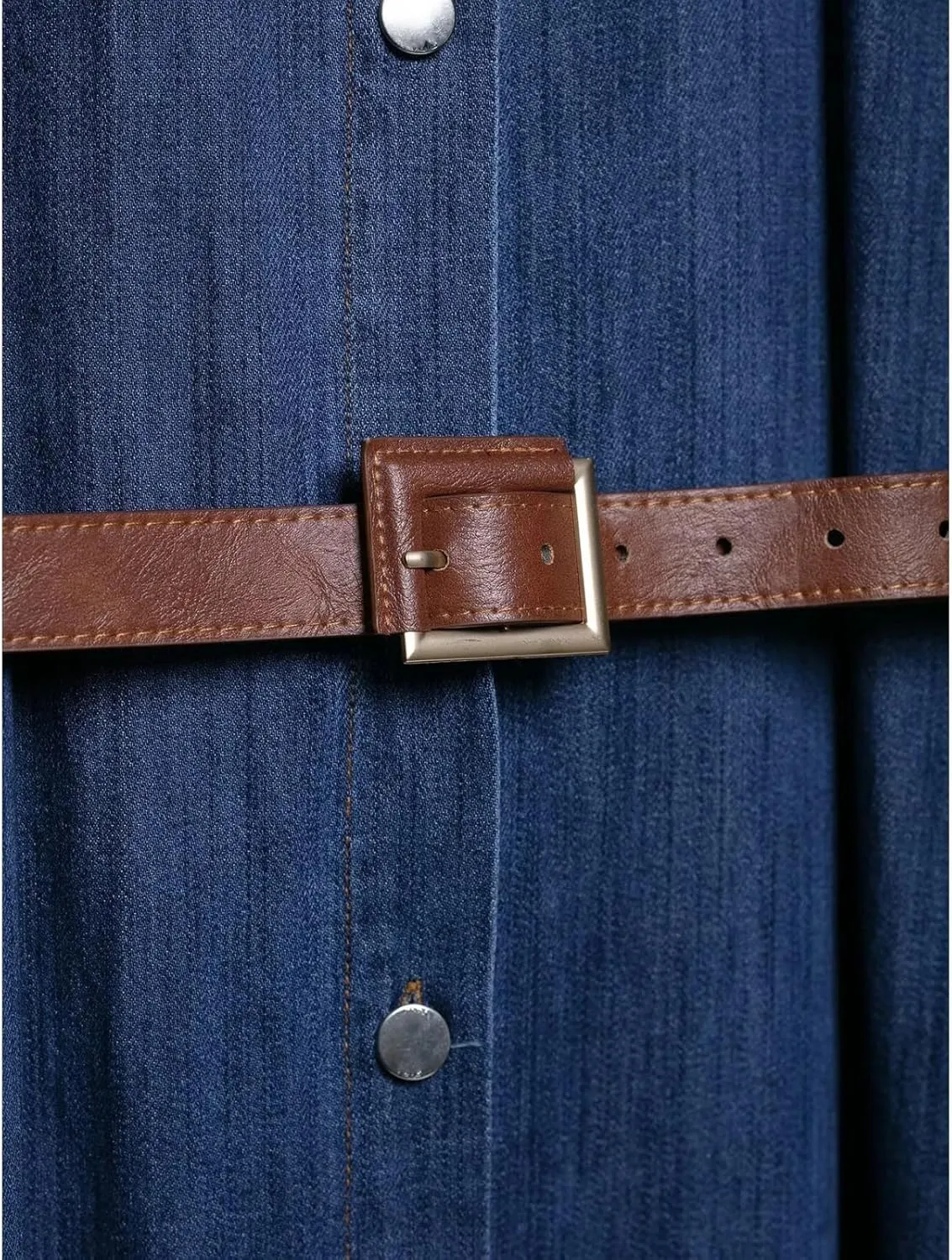 Women Short Sleeve Button Front Belted Denim Shirt Dress Vintage Lapel Casual Loose Fit Midi Dress