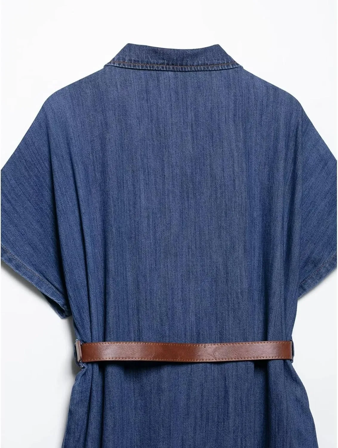 Women Short Sleeve Button Front Belted Denim Shirt Dress Vintage Lapel Casual Loose Fit Midi Dress