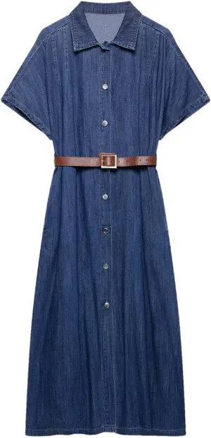 Women Short Sleeve Button Front Belted Denim Shirt Dress Vintage Lapel Casual Loose Fit Midi Dress