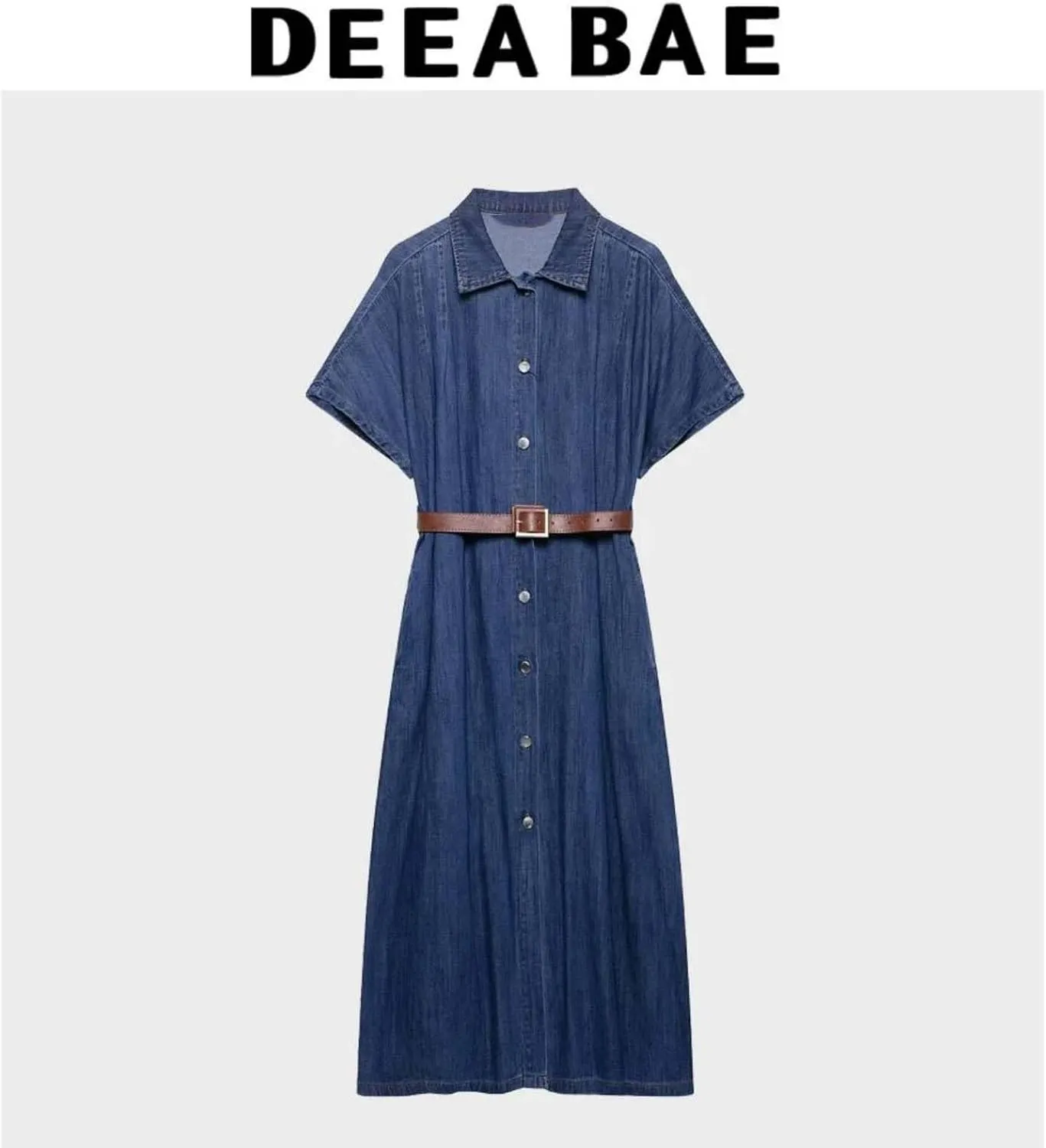 Women Short Sleeve Button Front Belted Denim Shirt Dress Vintage Lapel Casual Loose Fit Midi Dress