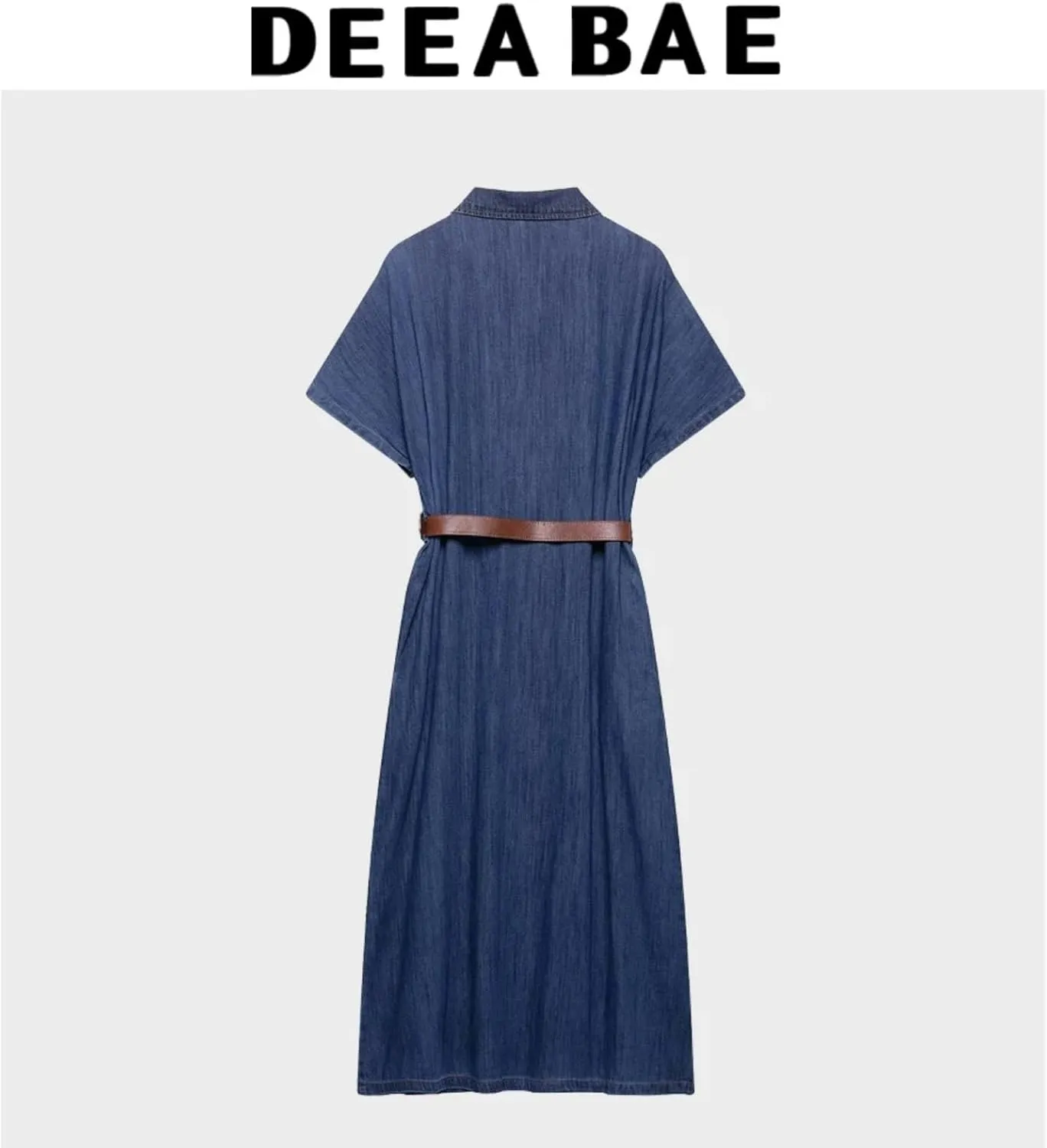 Women Short Sleeve Button Front Belted Denim Shirt Dress Vintage Lapel Casual Loose Fit Midi Dress