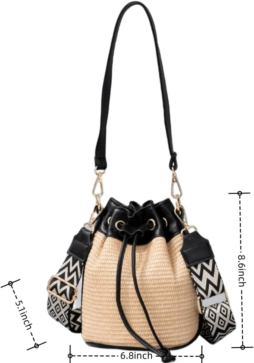 Women Straw Drawstring Bucket Purse Small Tote Shoulder Handbag Hollow Out Cross-body Bag for Summer,Beach