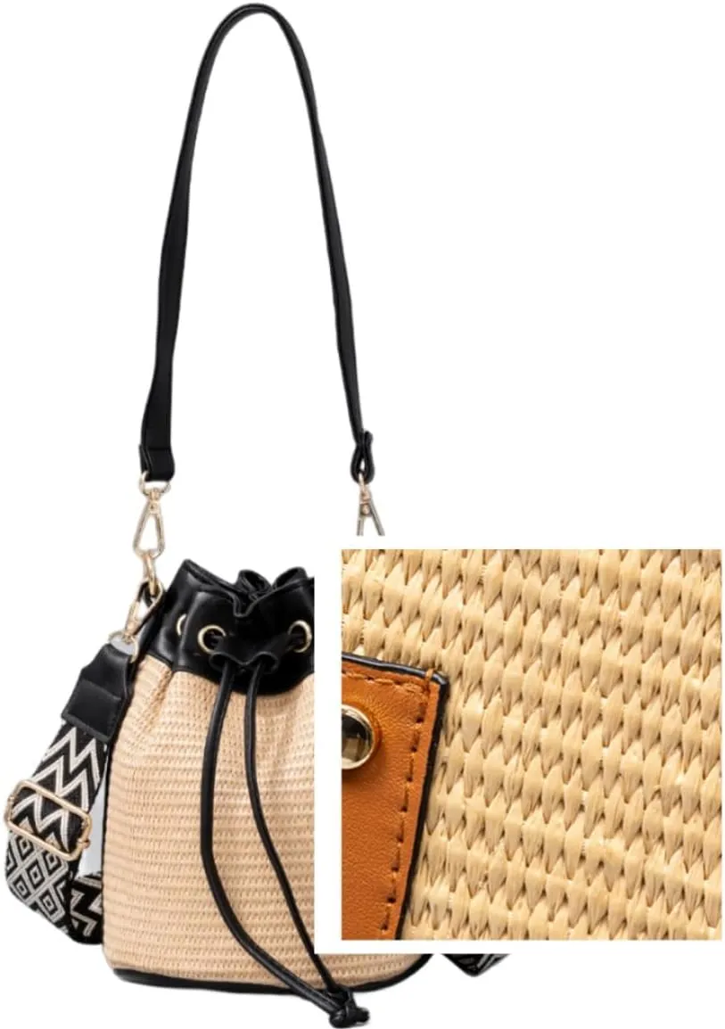 Women Straw Drawstring Bucket Purse Small Tote Shoulder Handbag Hollow Out Cross-body Bag for Summer,Beach