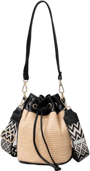 Women Straw Drawstring Bucket Purse Small Tote Shoulder Handbag Hollow Out Cross-body Bag for Summer,Beach