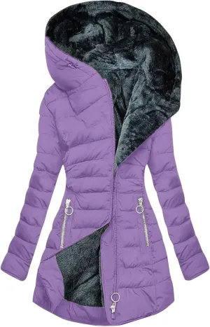 Women Winter Coats Thicken Fleece Lined Jacket Long Sleeve Full Zip Mid-Length Trendy Puffer Jacket with Pockets