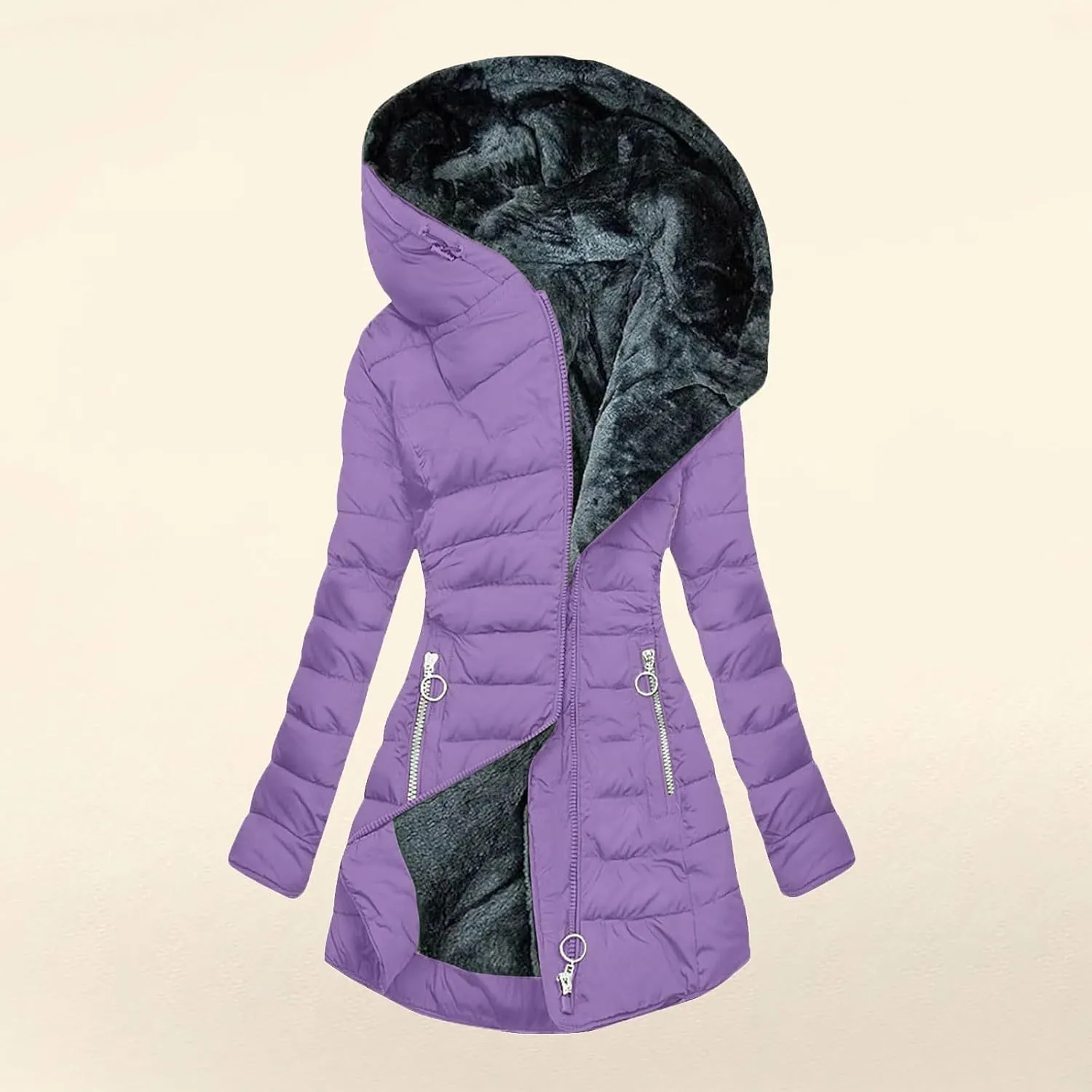 Women Winter Coats Thicken Fleece Lined Jacket Long Sleeve Full Zip Mid-Length Trendy Puffer Jacket with Pockets