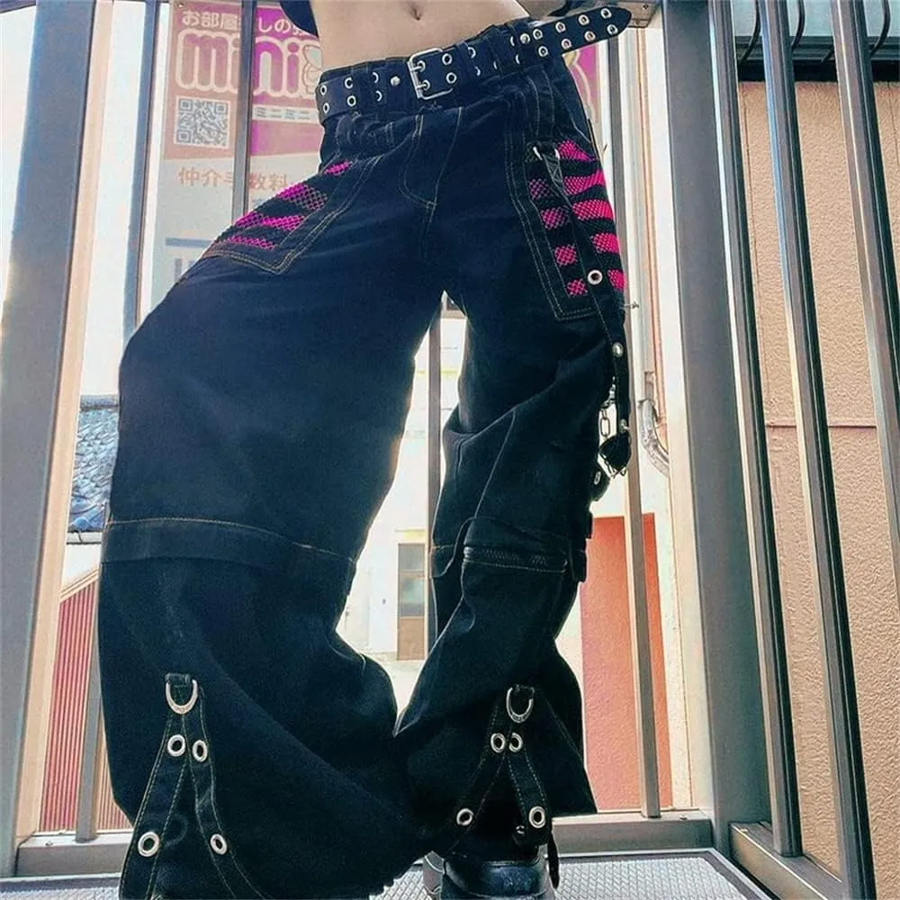 Women Y2k Pants Goth Punk Emo Baggy Bell Bottom Jeans Y2k Wide Leg Harajuku Grunge Pants Hip Hop Clothes
